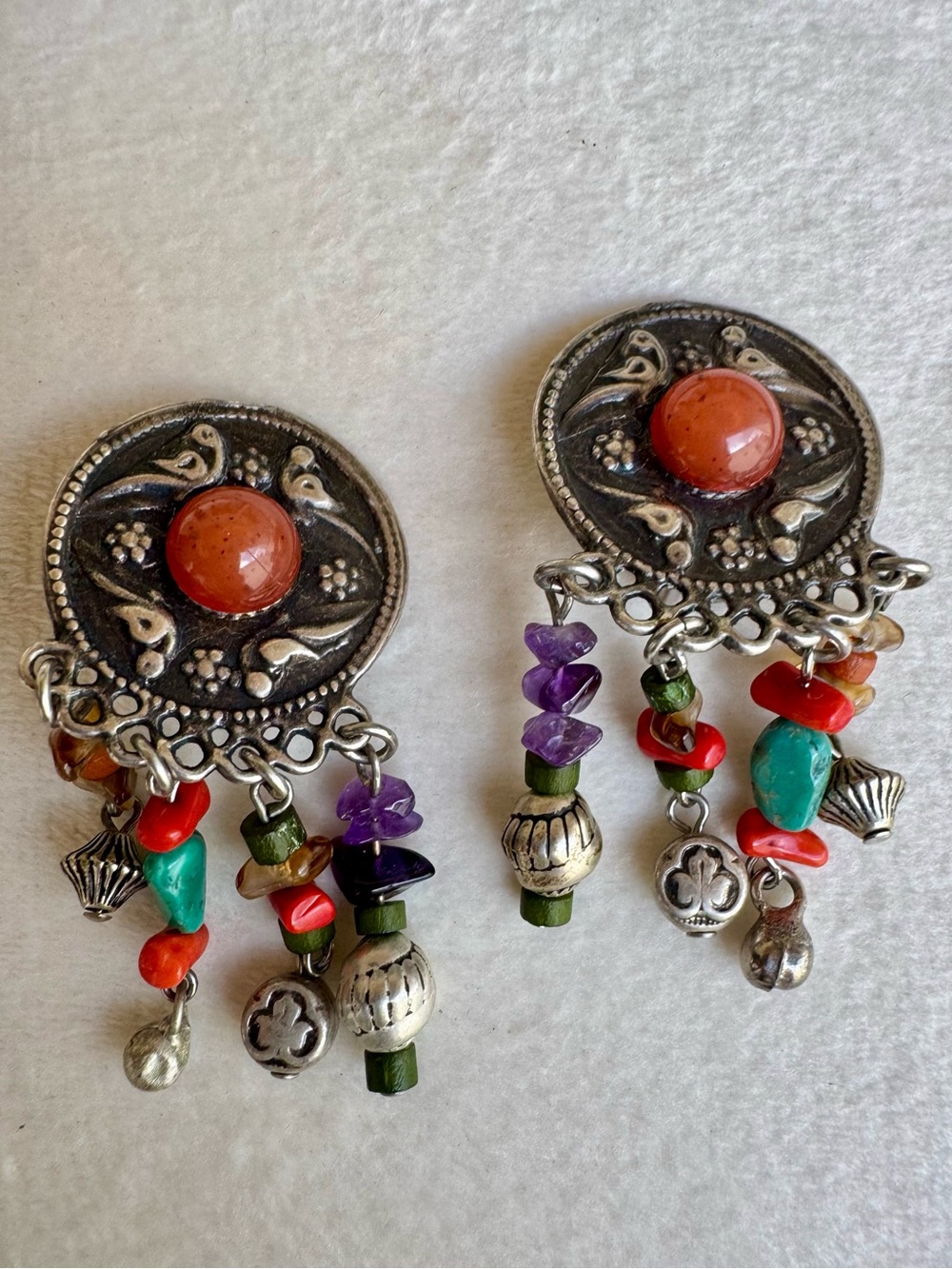 Vintage Boho Carnelian & Genuine Multi-Stone Dangle Chandelier Clip-On Earrings